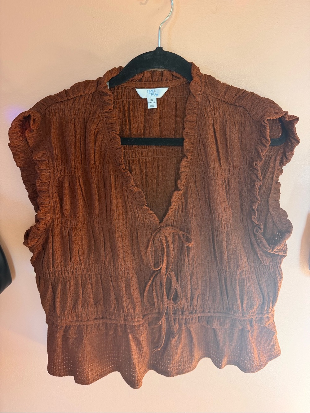 Rust Brown Textured Tie-Front Ruffle Sleeveless Top